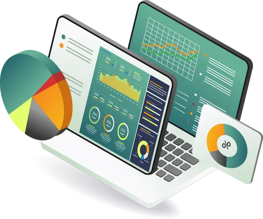 Computadora portátil que muestra datos analíticos con gráficos circulares y gráficos  Ilustración