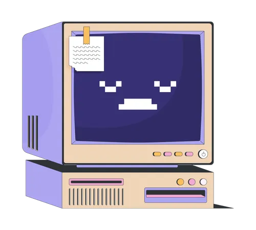 Computadora retro con cara de píxel triste y nota adhesiva  Ilustración