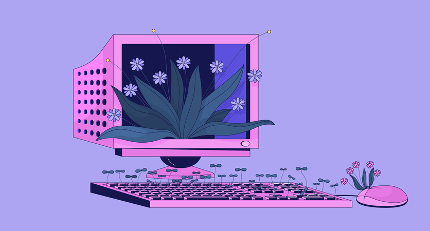 Computadora vieja con plantas en crecimiento  Ilustración