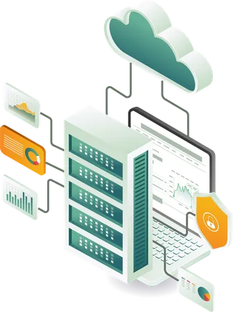 Computer analysis cloud server system network  Illustration