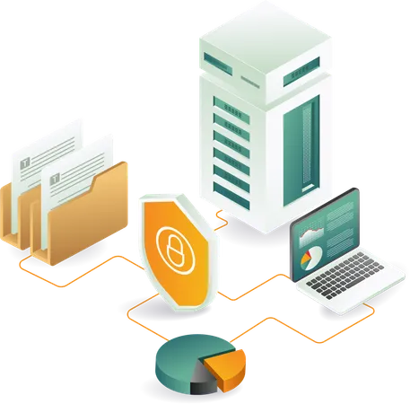 Computer and laptop beside folder and data server connectivity analytics  Illustration