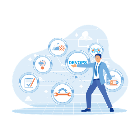 Computer Expert Touches DEVOPS Button On Virtual Screen. Agile Software  Illustration