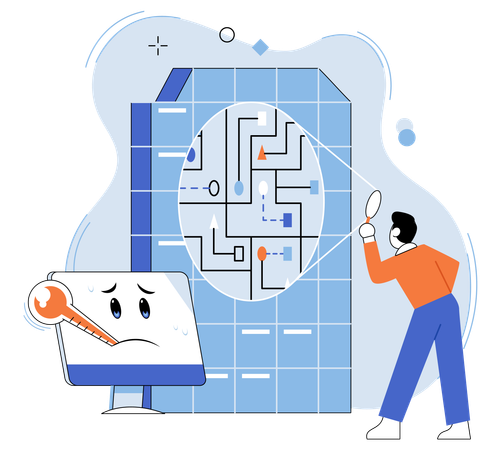 Die Metapher der Computer-Fehlerbehebung stellt die komplexe Natur der Problemlösung in Computersystemen dar  Illustration