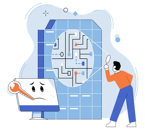 Die Metapher der Computer-Fehlerbehebung stellt die komplexe Natur der Problemlösung in Computersystemen dar  Illustration