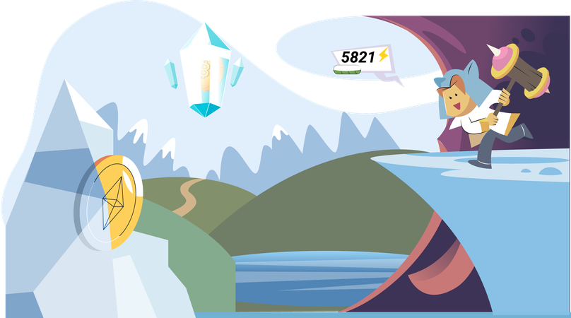 Computer game character passes tests in levels  Illustration