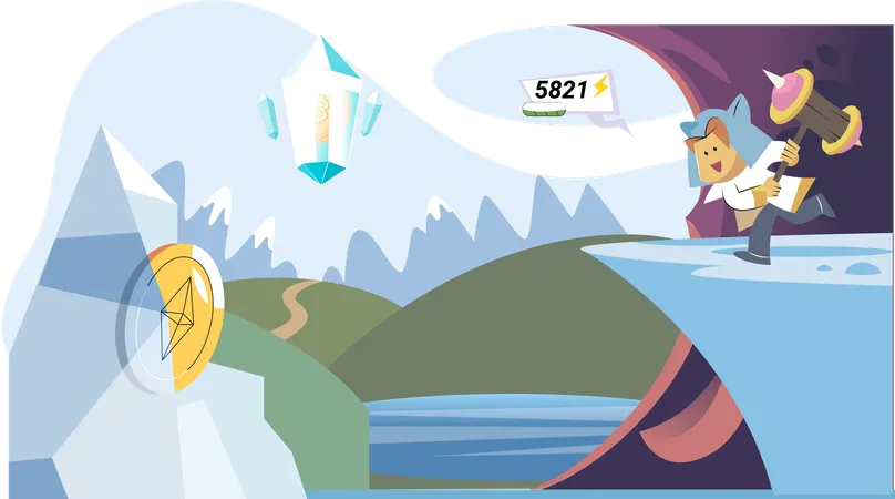 Computer game character passes tests in levels  Illustration