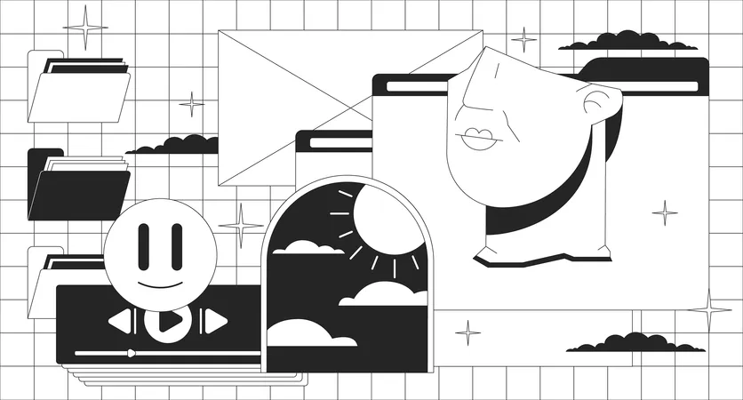 Y 2 K Computer Interface Black And White Lo Fi Aesthetic Wallpaper 1990 S Folder Files Melted Smile Surreal Arch Outline 2 D Vector Cartoon Composition Illustration Monochrome Lofi Background Illustration