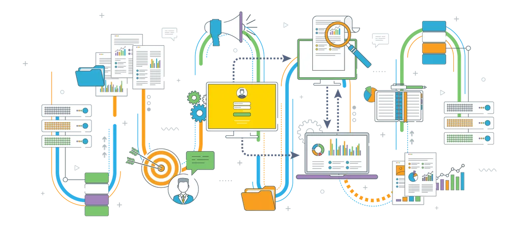 Computer mit sicherem Zugriff auf Dateien im Netzwerk, Cloud-Dateiübertragung, Konzepte Cloud Computing, Datennetzwerk, Big Data und Business Intelligence, dünne Linie, flache Vektorgrafik  Illustration