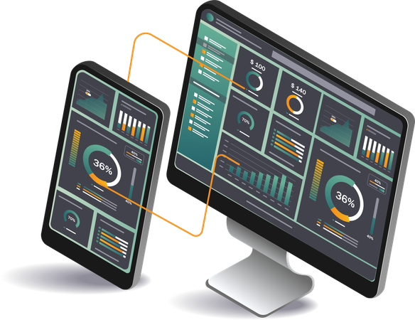 Computer monitor and smartphone displaying dashboard  Illustration