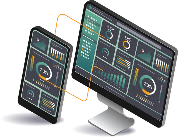 Computer monitor and smartphone displaying dashboard  Illustration