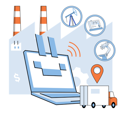 Computer networks entwined with automation shape contours industry IoT  Illustration