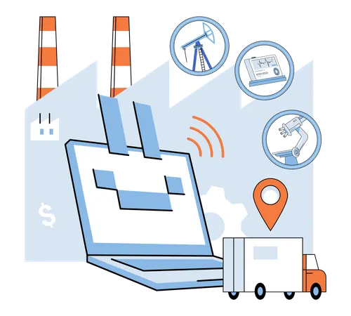 Computer networks entwined with automation shape contours industry IoT  Illustration