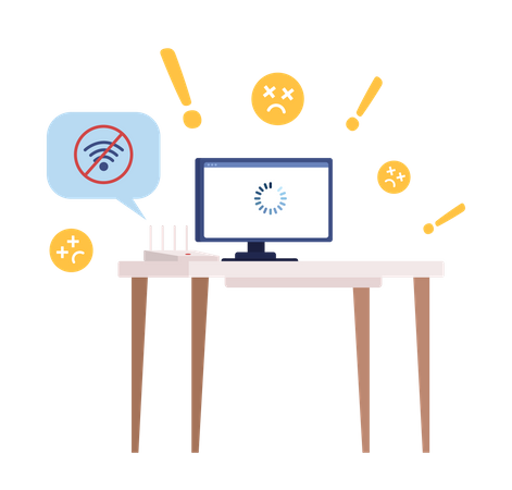 Computer on table with failed internet connection  Illustration