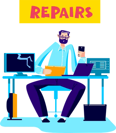 Computer repairing service worker fixing devices Illustration