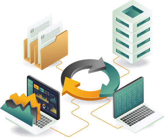 Computer server and folder with dashboard analytics  Illustration