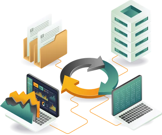 Computerserver und Ordner mit Dashboard-Analyse  Illustration