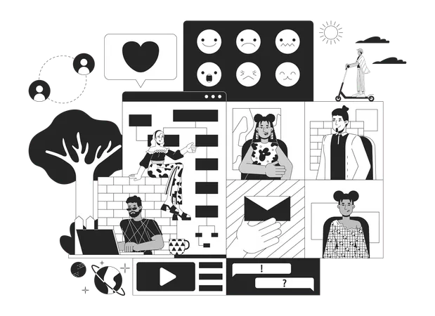Computer Software Developers Black And White 2 D Illustration Concept Diverse Programmers At Work Cartoon Outline Characters Isolated On White Digital Products Creating Metaphor Monochrome Vector Art Illustration