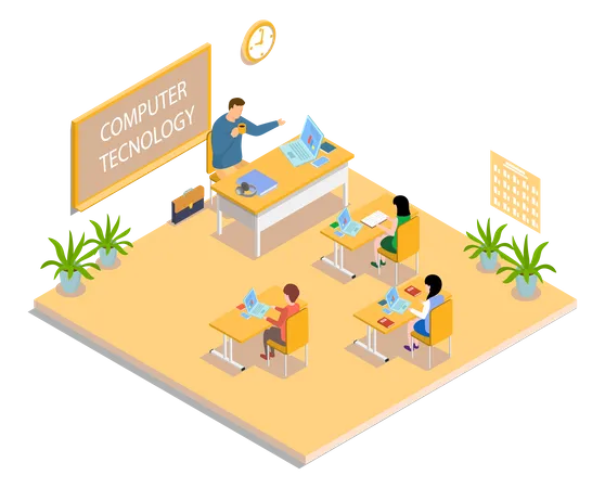 School Education Isometric Teacher And Pupil At Computer Technology Lesson Learning Process In Classroom High School People Composition With Class Room Interior And Characters Teacher And Students Illustration