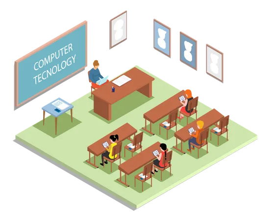 School Education Isometric Teacher And Pupil At Computer Technology Lesson Learning Process In Classroom High School People Composition With Class Room Interior And Characters Teacher And Students Illustration