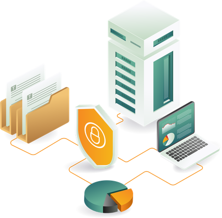 Computer und Laptop neben Ordner- und Datenserver-Konnektivitätsanalyse  Illustration