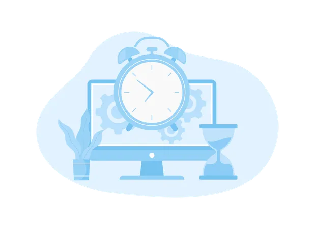 Computer with alarm clock and vase of flowers trending  Illustration