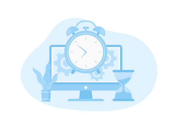 Computer with alarm clock and vase of flowers trending  Illustration