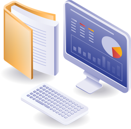 Computer with analytical folder file  Illustration