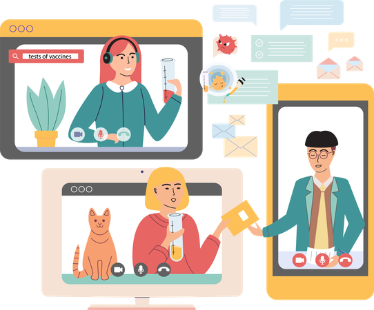 Computer with group of colleagues taking part in video conference  Illustration