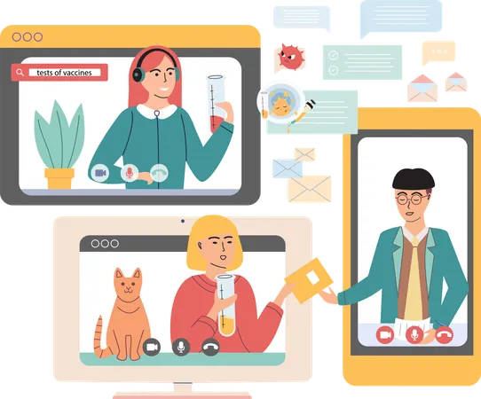 Computer with group of colleagues taking part in video conference  Illustration
