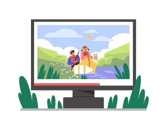 Computer with people sailing on boat on river  Illustration