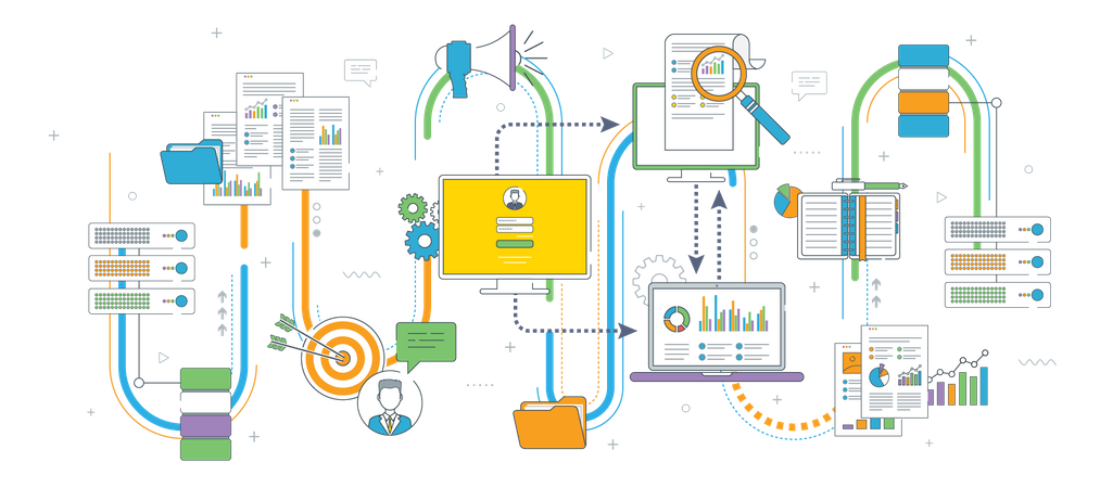 Computer with secure access to files on the network, cloud file transfer, Concepts cloud computing, data network, big data and business intelligence, Thin line flat vector illustration  Illustration