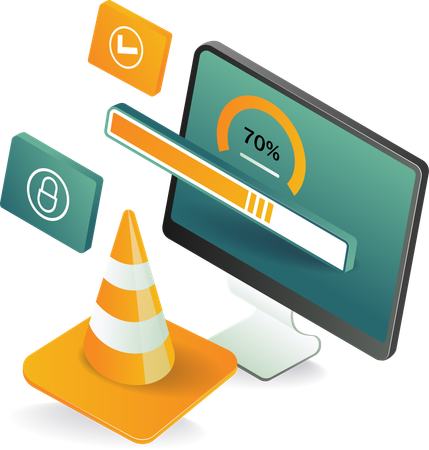 Computer with traffic cone and clock on desk  Illustration