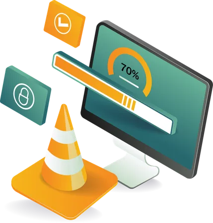 Computer with traffic cone and clock on desk  Illustration