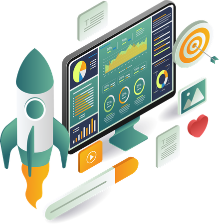 Computermonitor mit Rakete und verschiedenen anderen Objekten  Illustration