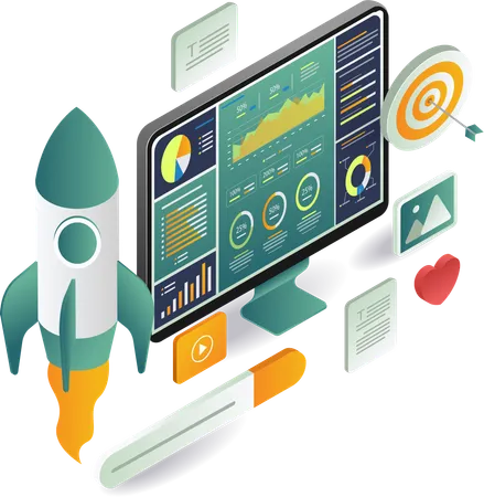 Computermonitor mit Rakete und verschiedenen anderen Objekten  Illustration