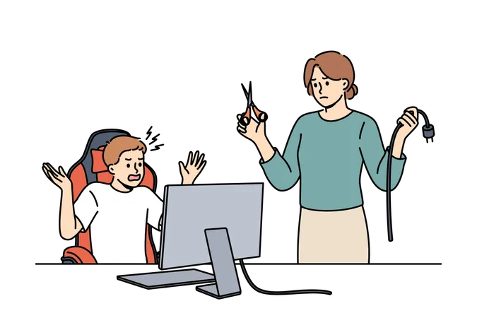 Computersucht nach Videospielen bei einem Jungen, der einen Wutanfall bekam, weil seine Mutter das PC-Kabel durchgeschnitten hatte  Illustration