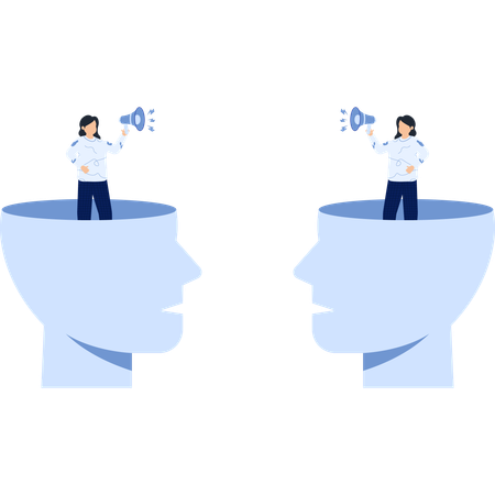 Comunicação e ideias duas cabeças com figuras segurando megafones  Ilustração