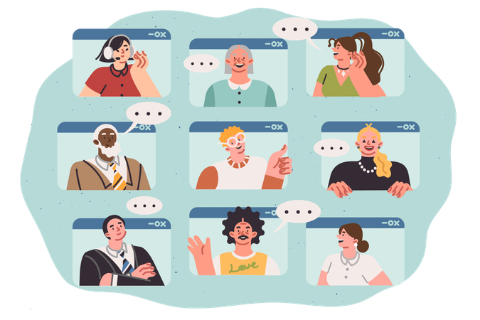 Personas de comunicación en línea que utilizan tecnologías digitales para chatear  Ilustración