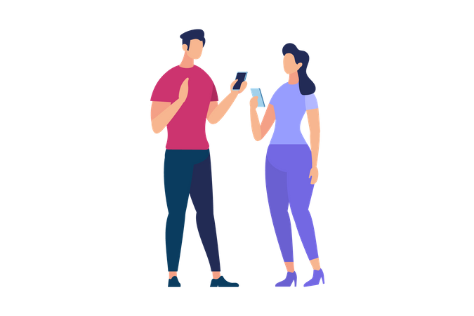 Comunicación de hombre y mujer con móvil  Ilustración