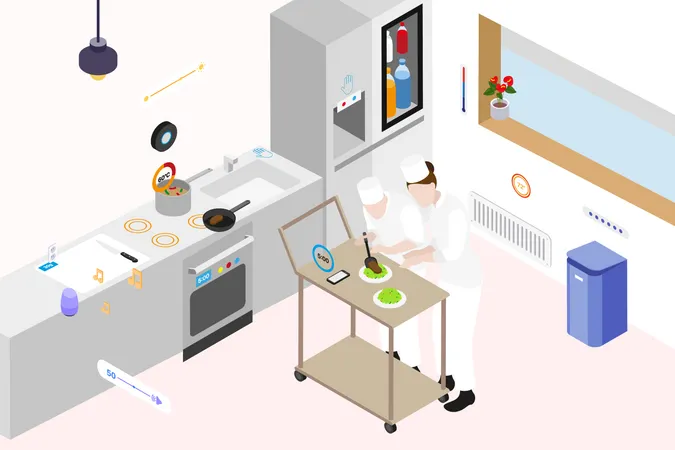 Conceito de cozinheiros cozinhando em cozinha inteligente  Ilustração
