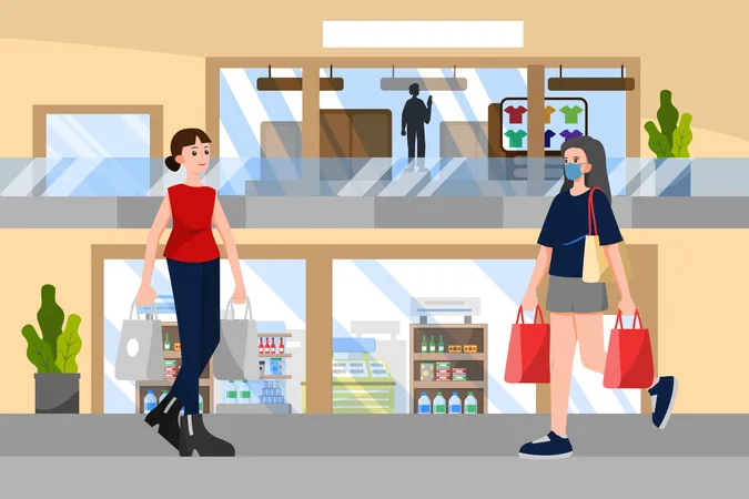 Conceito de distanciamento social em compras no shopping  Ilustração