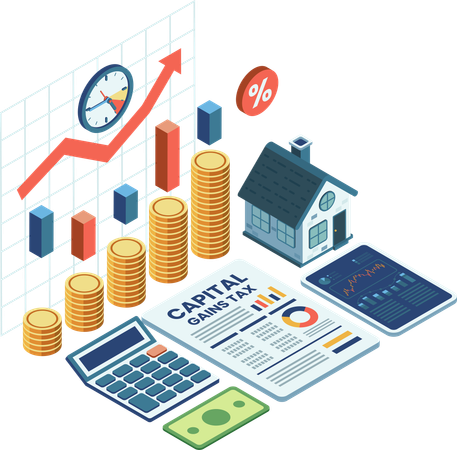 Conceito de Imposto sobre Ganhos de Capital com Coin House e Documento  Ilustração