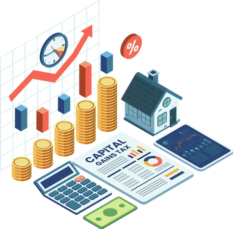 Conceito de Imposto sobre Ganhos de Capital com Coin House e Documento  Ilustração