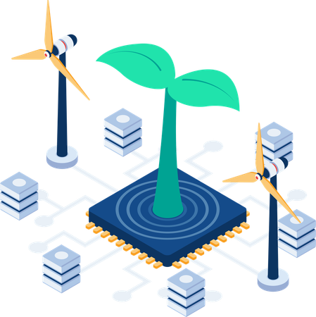 Crescimento de plantas em microchip de computador. Conceito de tecnologia ecológica.  Ilustração