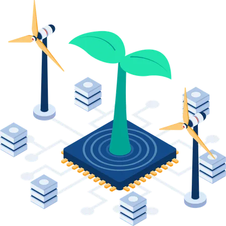 Crescimento de plantas em microchip de computador. Conceito de tecnologia ecológica.  Ilustração