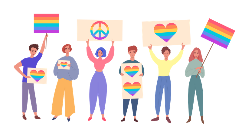 Conceito de orgulho da comunidade LGBT com personagens de desenhos animados de pessoas, homens e mulheres segurando sinais e bandeiras de arco-íris  Ilustração