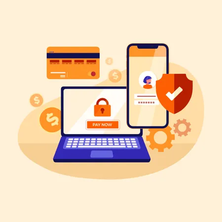 Conceito de pagamento online seguro usando laptop, cartão e smartphones  Ilustração