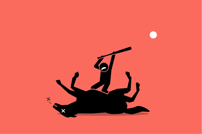 Conceito de perda de tempo, sem resultado, inútil e impossível, arte vetorial mostrando um homem batendo em um cavalo já morto com um pedaço de pau.  Ilustração
