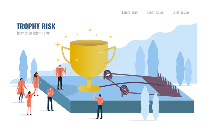 Conceito de risco empresarial, as pessoas ficam ao redor do troféu dourado em uma ratoeira  Ilustração