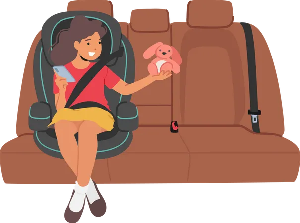 Segurança infantil e conceito de viagem confortável. Personagem de menina sentada no assento do carro, criança feliz em uma cadeira confortável  Ilustração